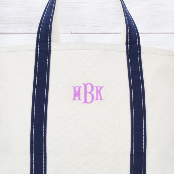 LL Bean Boat & Tote Blue Trim Embroidered MBK Open Top Tote Handbag - Picture 2 of 9